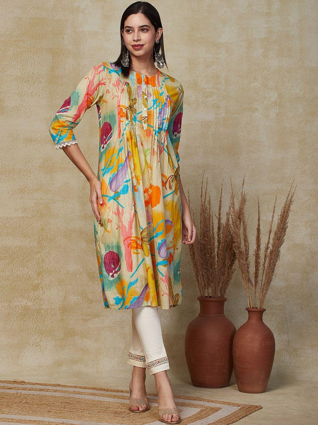 fashor women printed flared sleeves thread work kurta