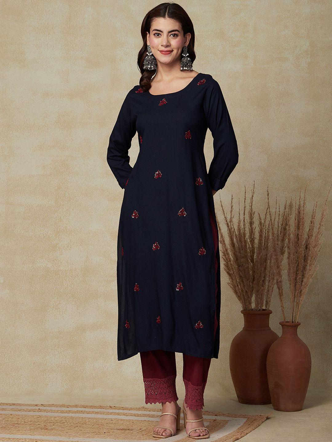 fashor women ethnic motifs embroidered flared sleeves thread work kurta