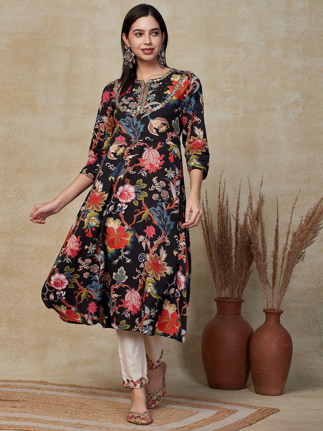 fashor women floral printed cold-shoulder sleeves sequinned anarkali kurta