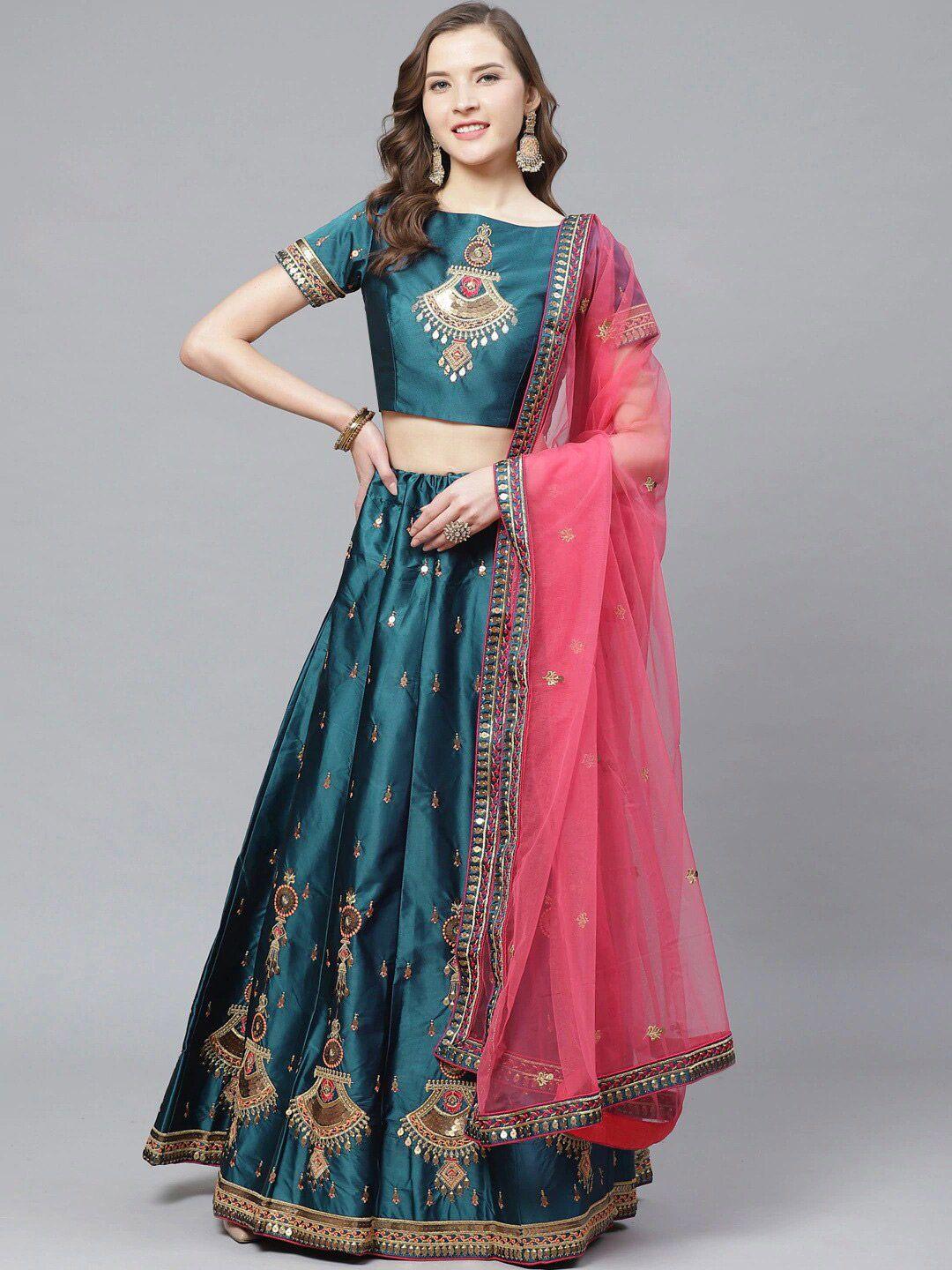 kalini embroidered thread work semi-stitched lehenga & blouse with dupatta