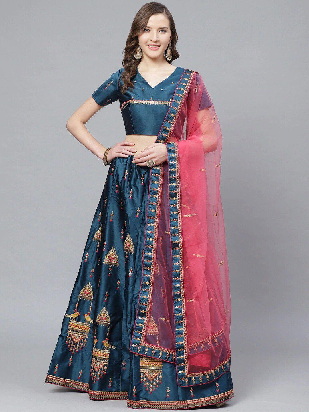 kalini embroidered thread work semi-stitched lehenga & blouse with dupatta