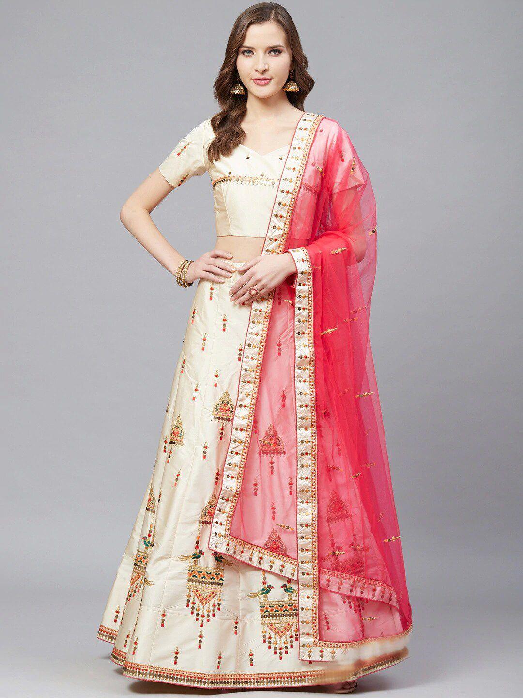 kalini embroidered thread work semi-stitched lehenga & blouse with dupatta