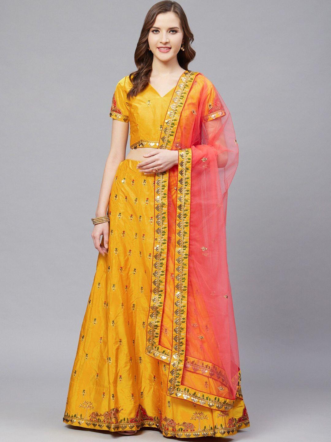 kalini embroidered thread work semi-stitched lehenga & blouse with dupatta