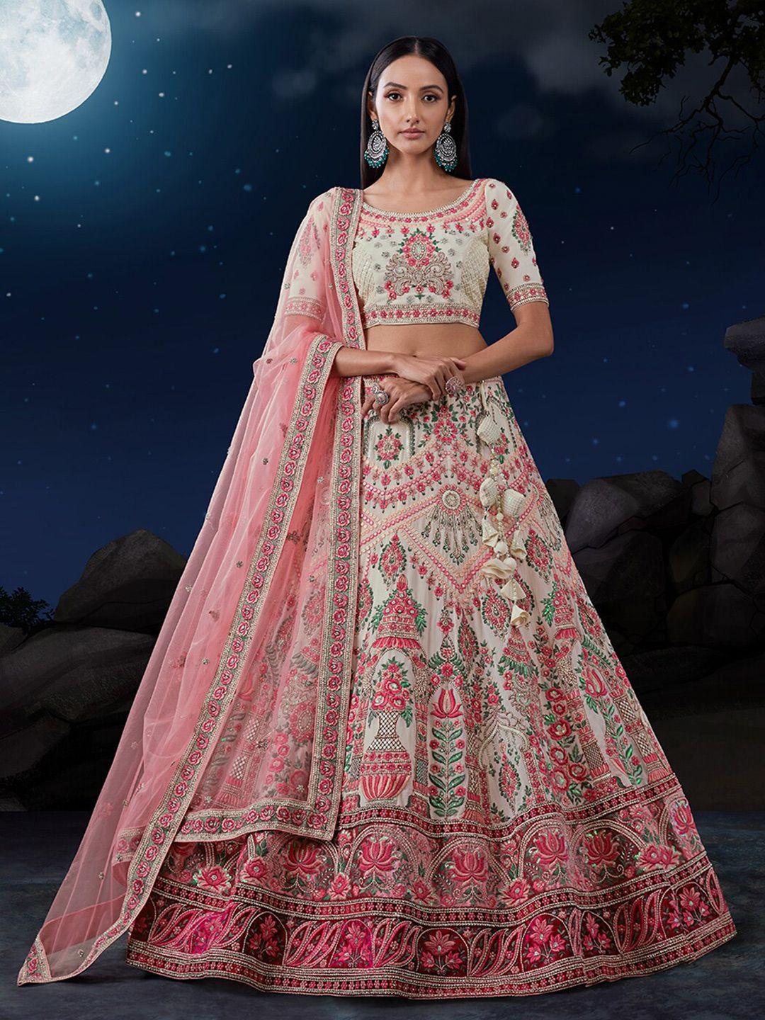 fusionic embroidered thread work semi-stitched lehenga & unstitched blouse with dupatta