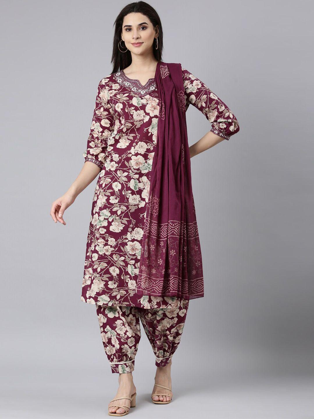 neerus floral printed regular mirror work kurta with salwar & dupatta