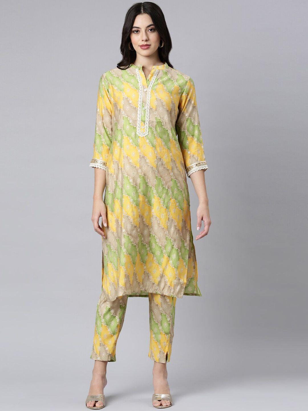 neerus floral printed regular patchwork kurta with trousers