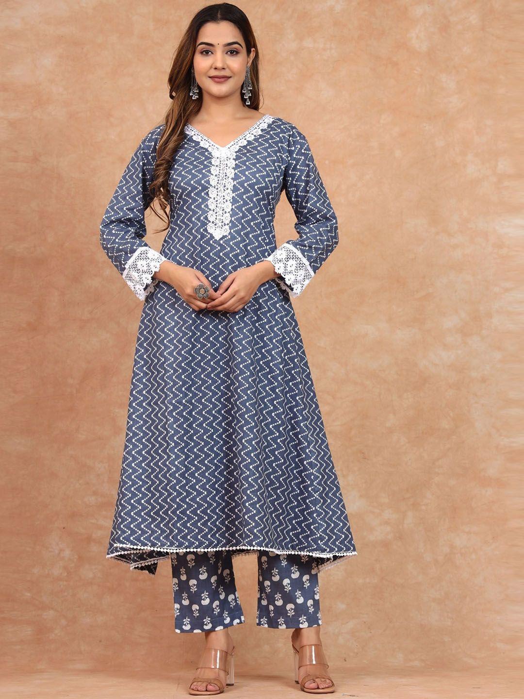 sangria chevron printed pure cotton a-line kurta with trousers