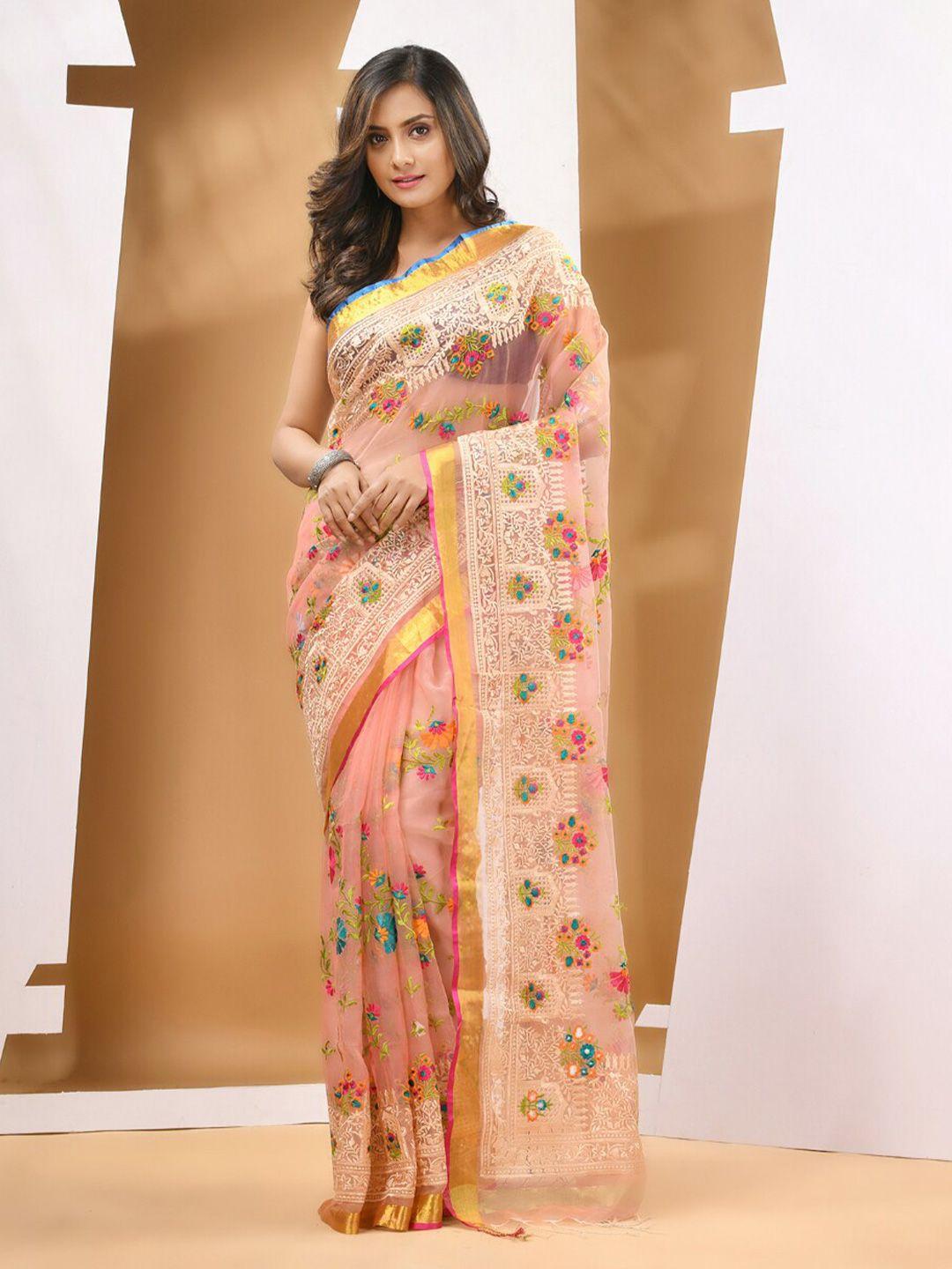 charukriti floral embroidered zari pure silk saree