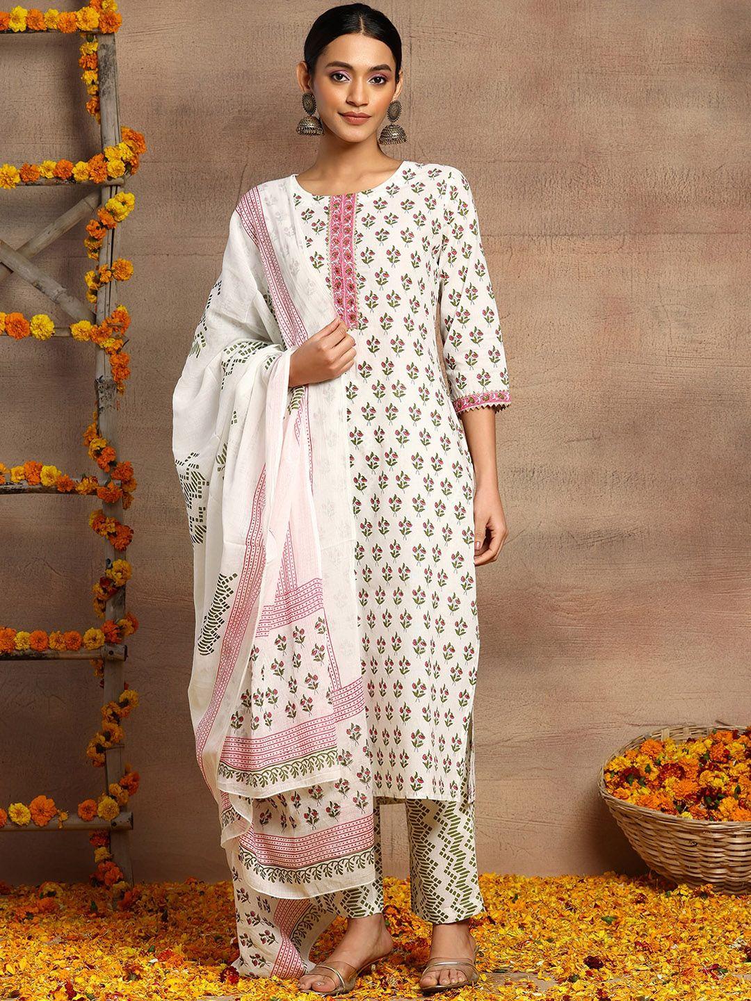 indya ethnic motifs printed pure cotton straight kurta with trouser & dupatta set