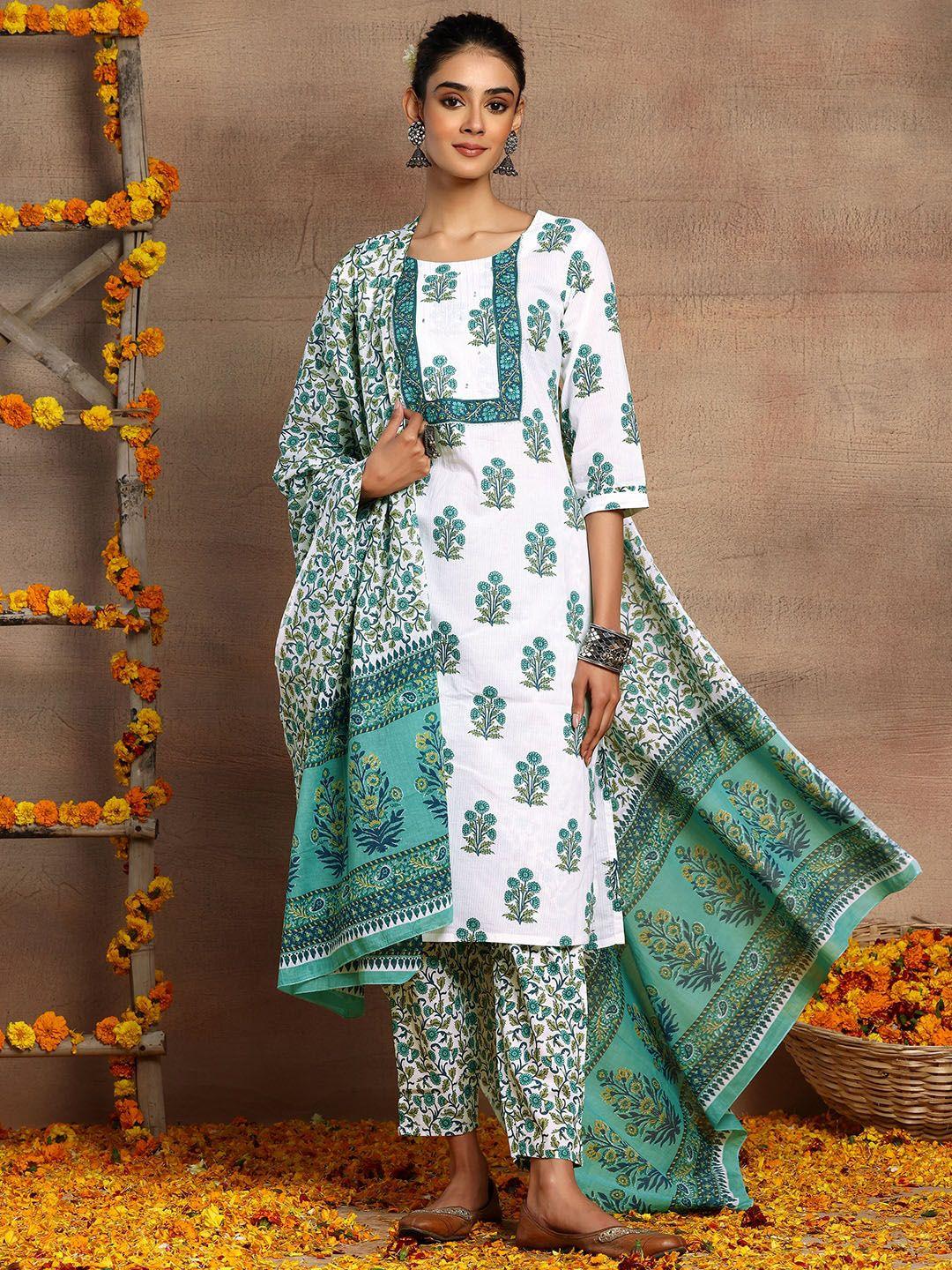 indya floral printed pure cotton round neck striaight kurta with trousers & dupatta