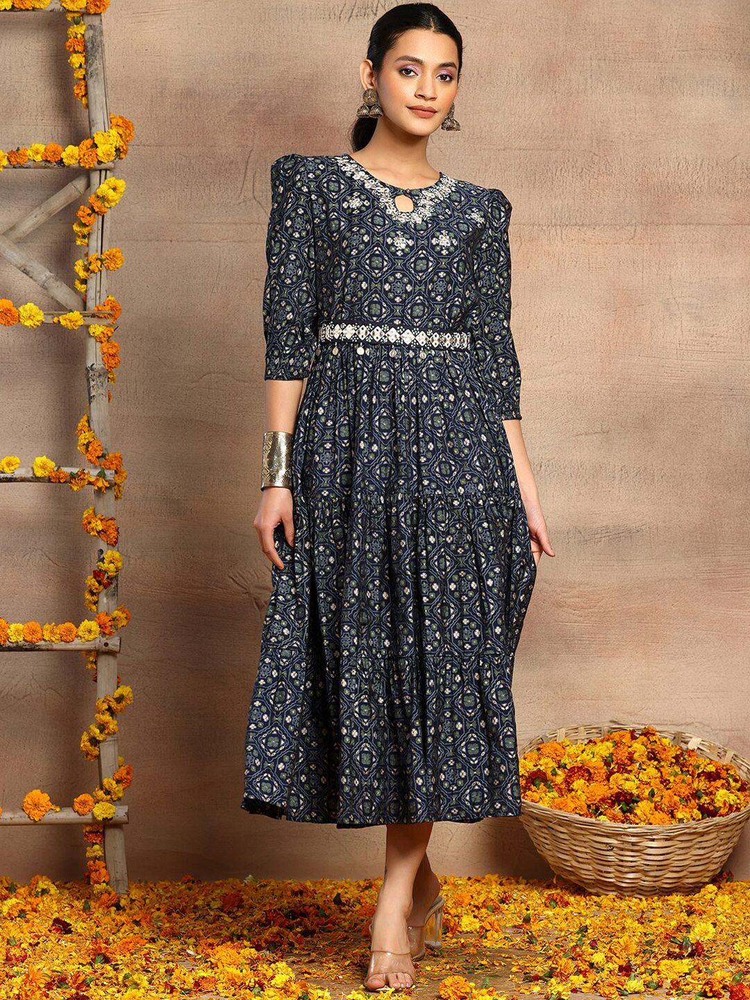 indya ethnic motifs printed keyhole neck embellished tiered a-line ethnic dress with belt