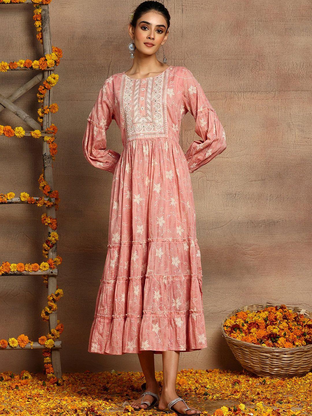 indya floral embroidered pure cotton flared midi ethnic dress