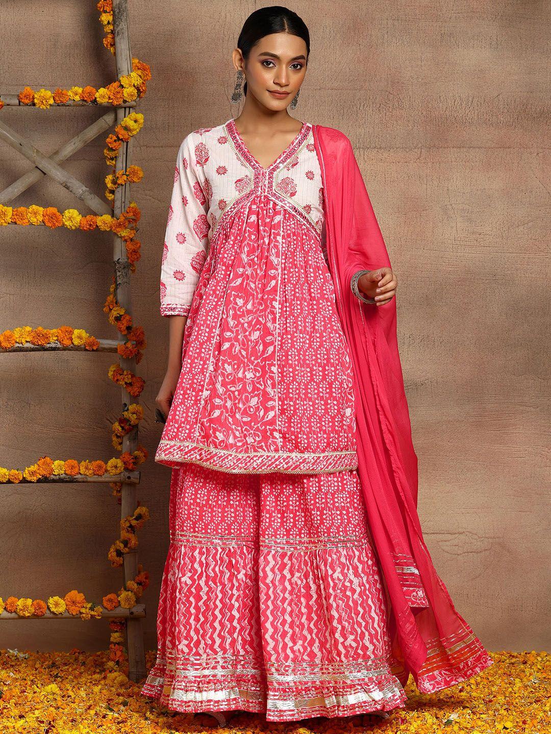 indya floral printed v-neck pure cotton anarkali kurta with sharara and dupatta