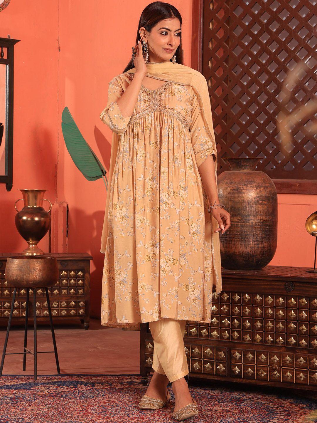 armaan ethnic floral printed v-neck empire thread work kurta with trousers & dupatta