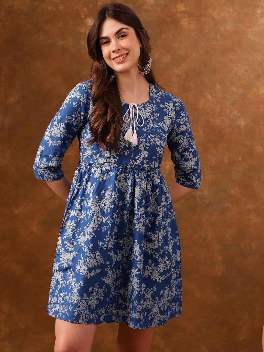 anouk blue floral printed tie-up neck cotton fit & flare ethnic dress