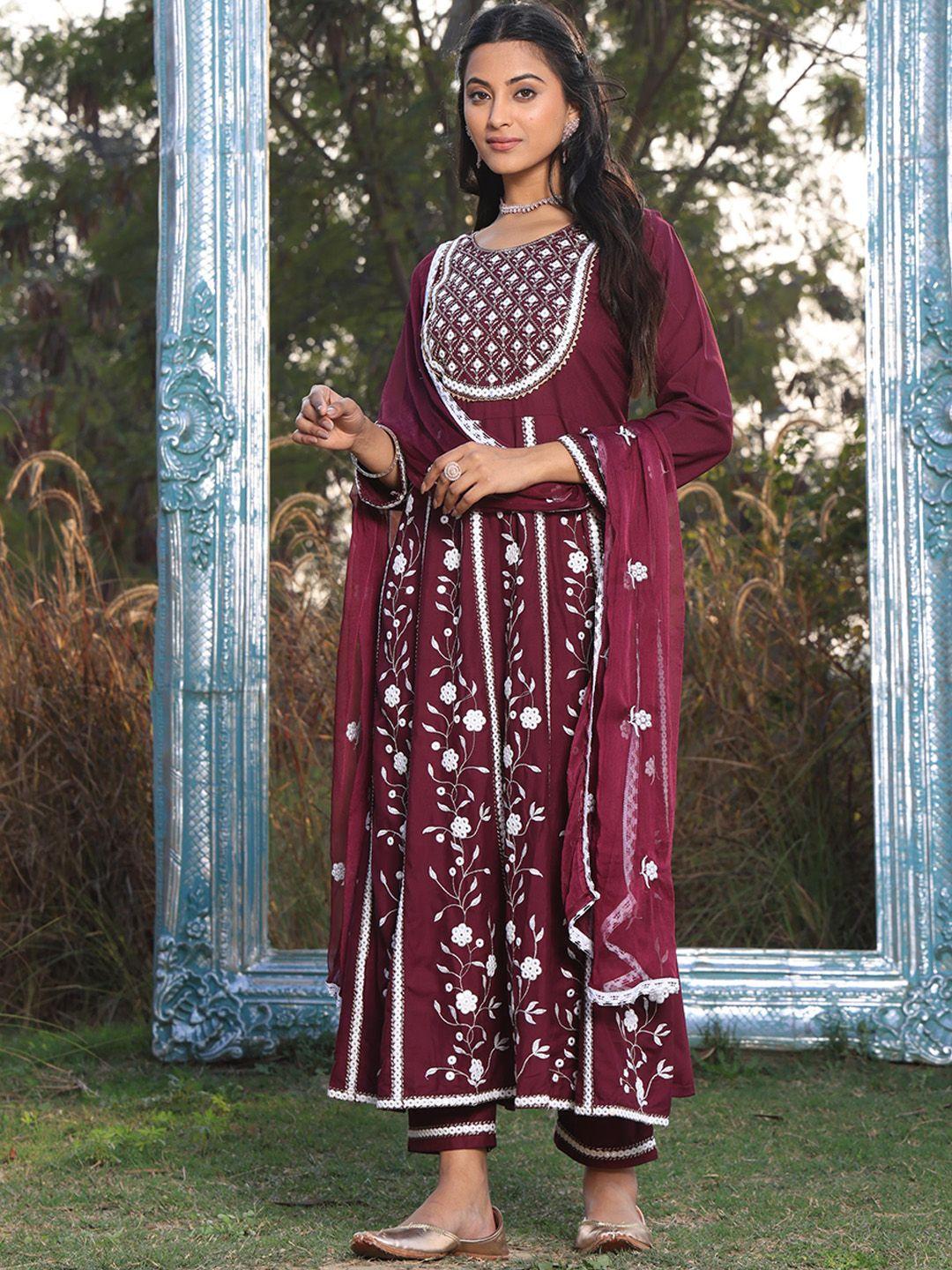 armaan ethnic women floral embroidered mirror work kurta & trousers with dupatta