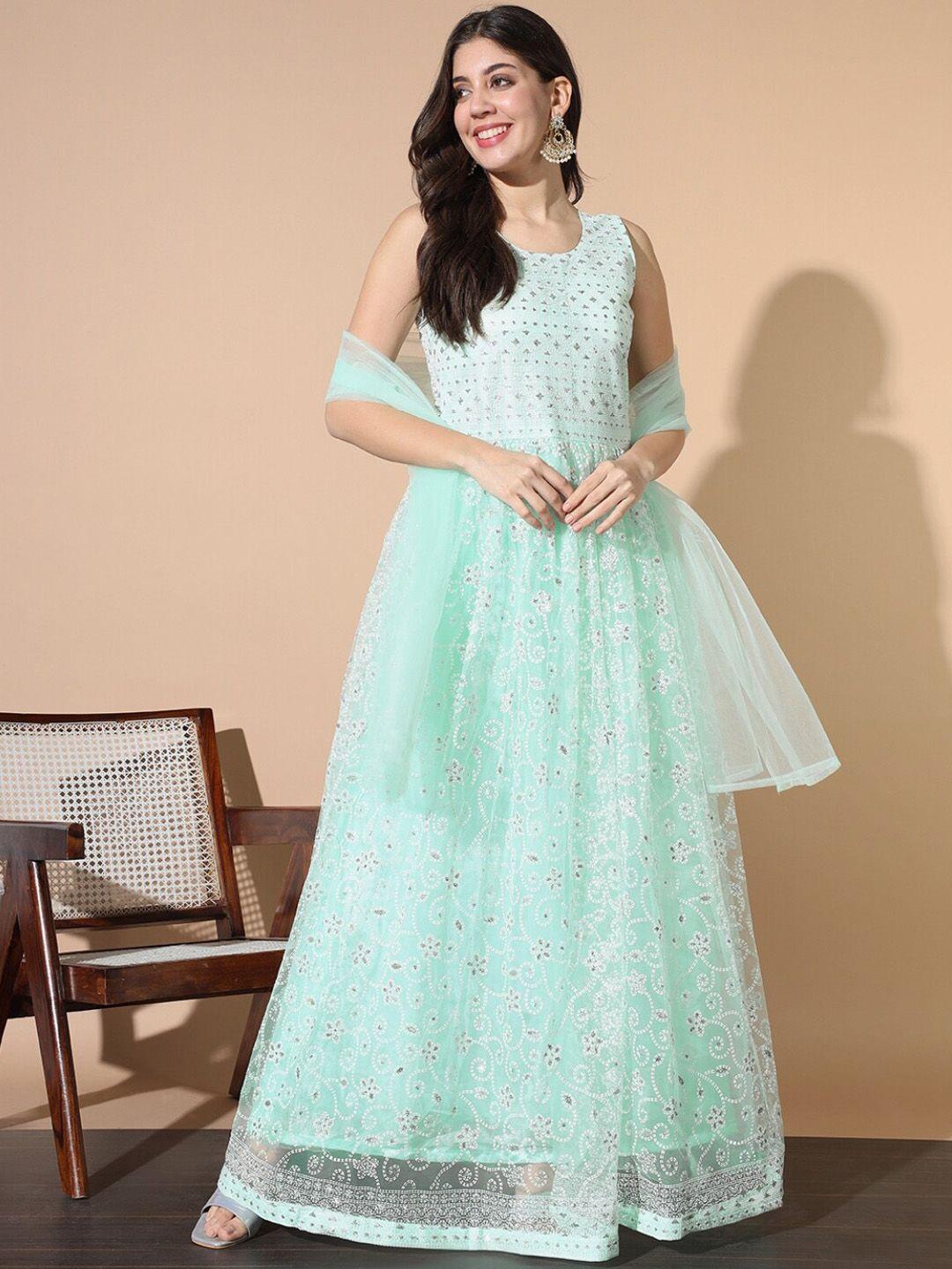 chhabra 555 sea green ethnic print embellished ethnic dresses