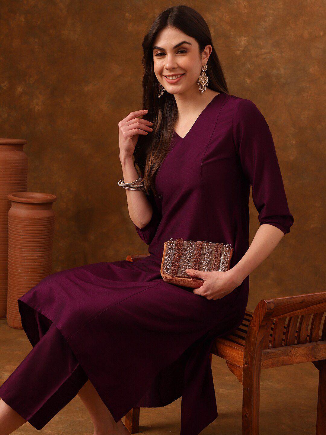 anouk v-neck three-quarter sleeves panelled kurta with palazzos