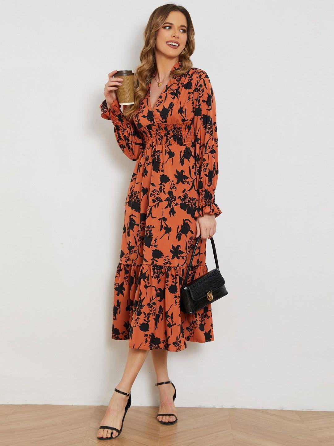 stylecast orange & black floral print fit & flare midi dress