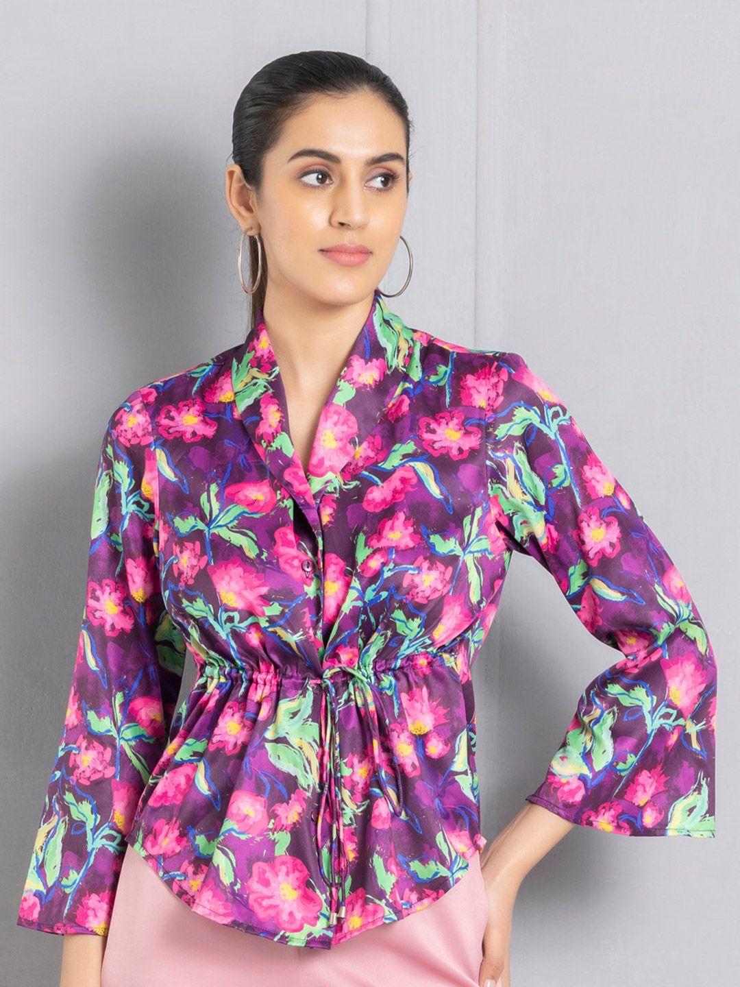 shaye smart floral printed spread collar long sleeves satin casual shirt