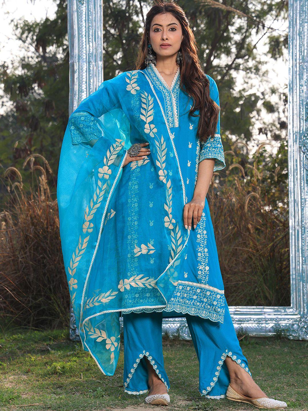 armaan ethnic motifs embroidered thread work kurta with trousers & dupatta