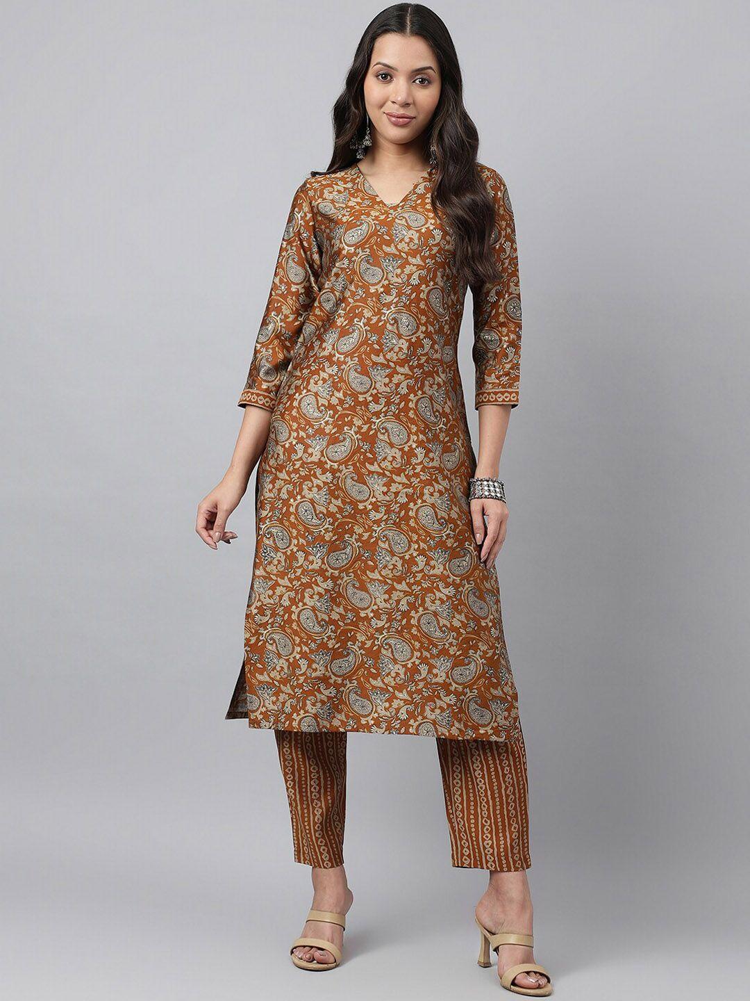 kalini paisley printed v-neck straight kurta with trouser