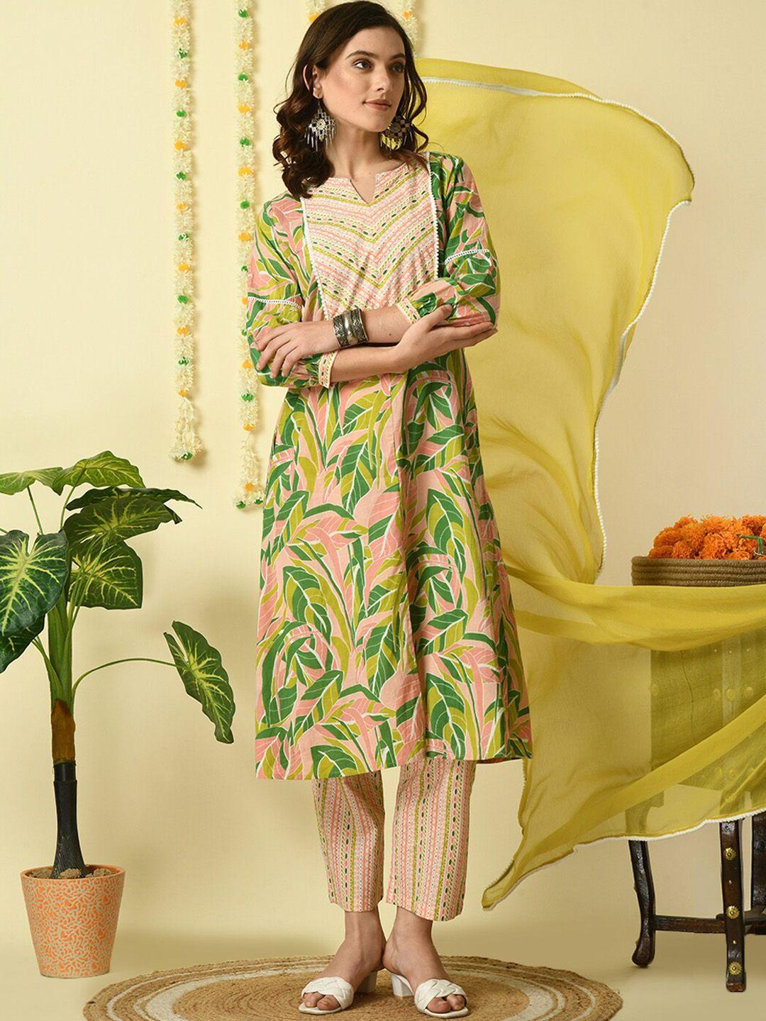 kalini floral notch neck gotta patti pure cotton a-line kurta with trouser & dupatta