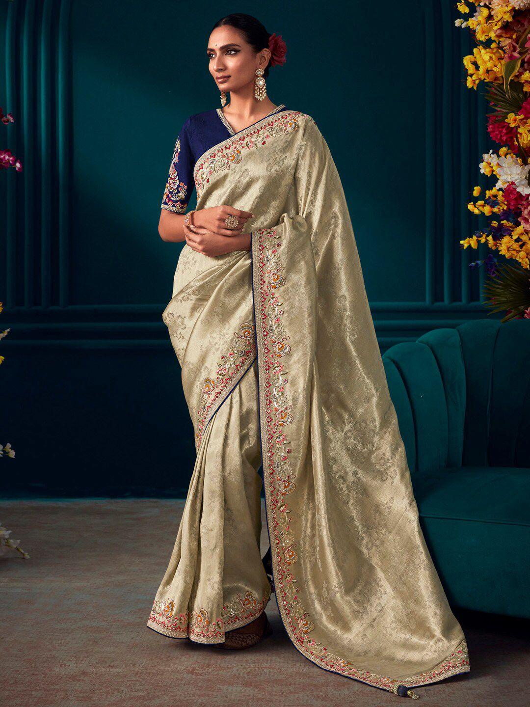 mitera cream coloured ethnic motifs woven designed embroidered banarasi saree