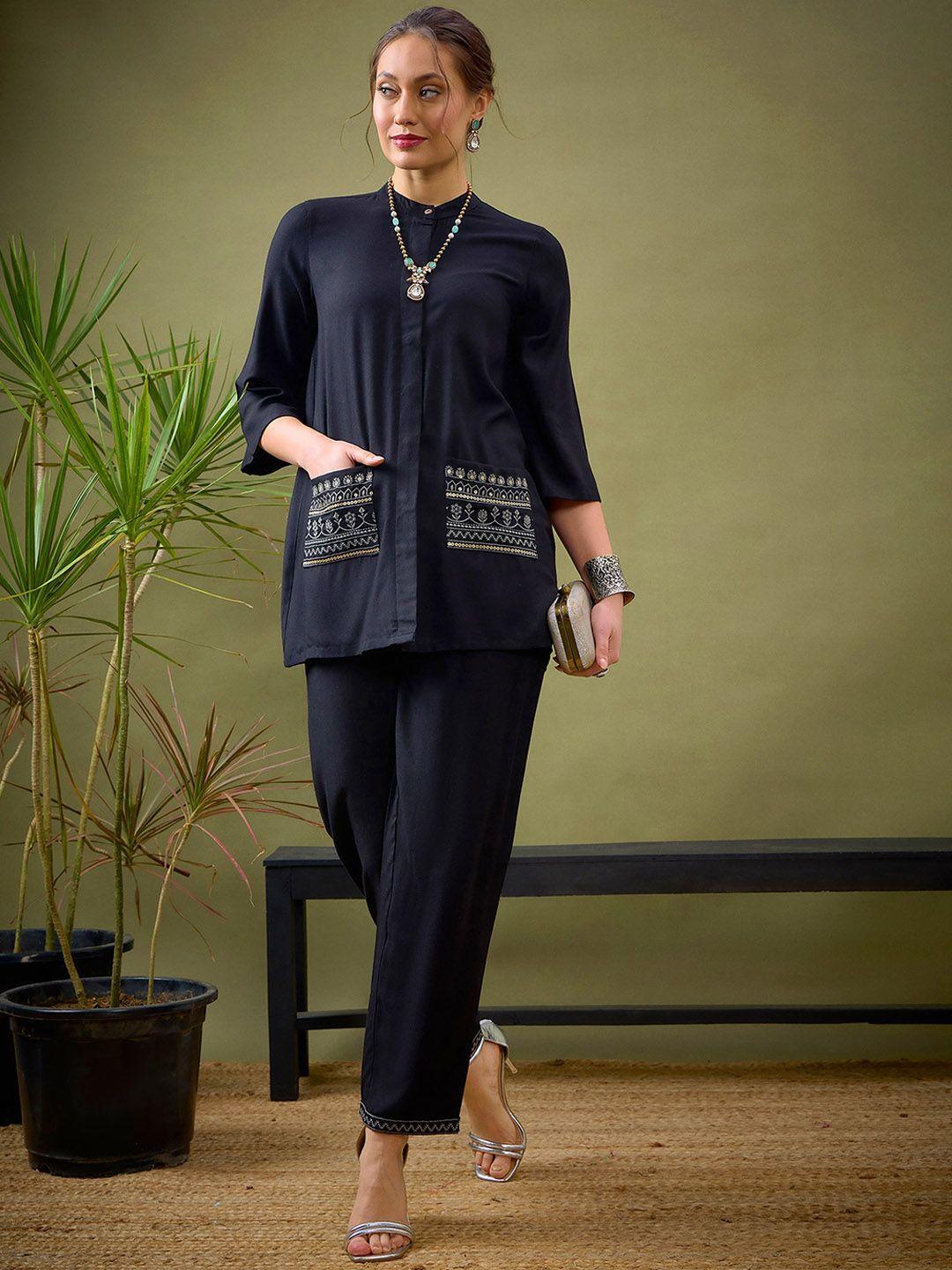 shae by sassafras black embroidered shirt with palazzos co-ords