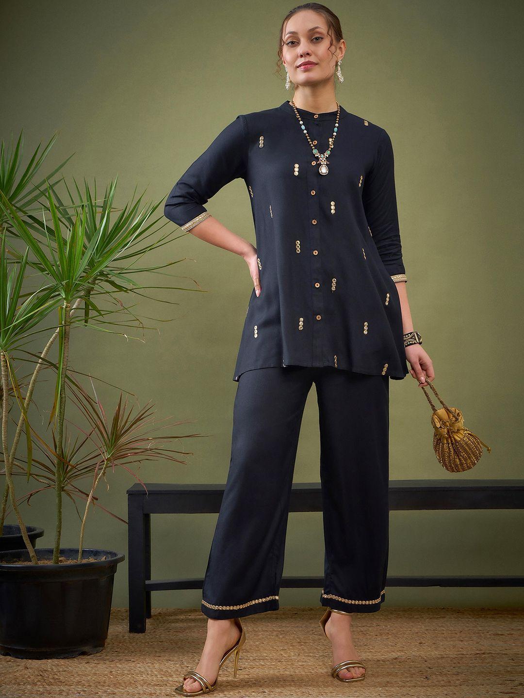 shae by sassafras black embroidered shirt with palazzos co-ords