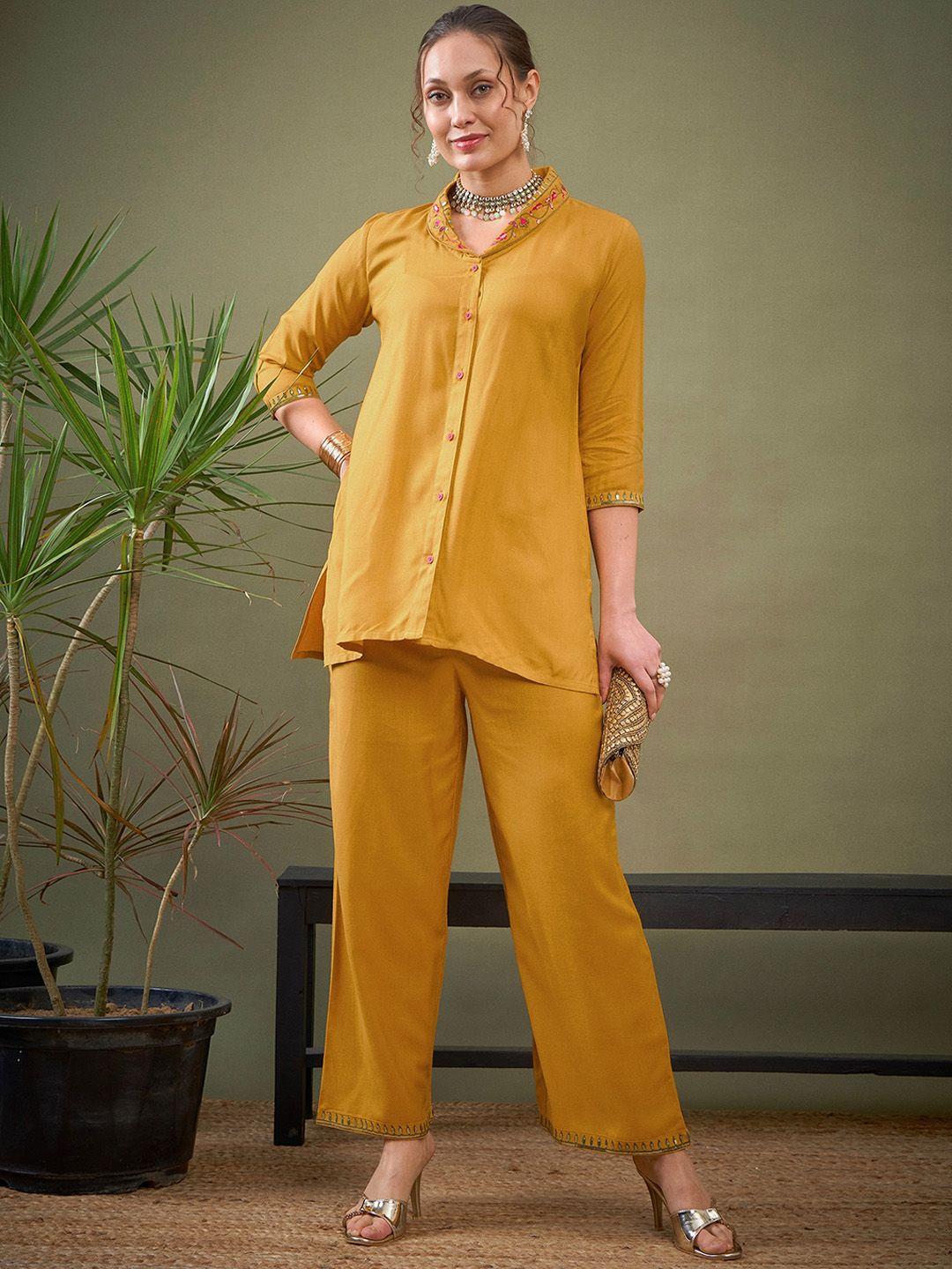 shae by sassafras mustard yellow embroidered shirt with palazzos co-ords