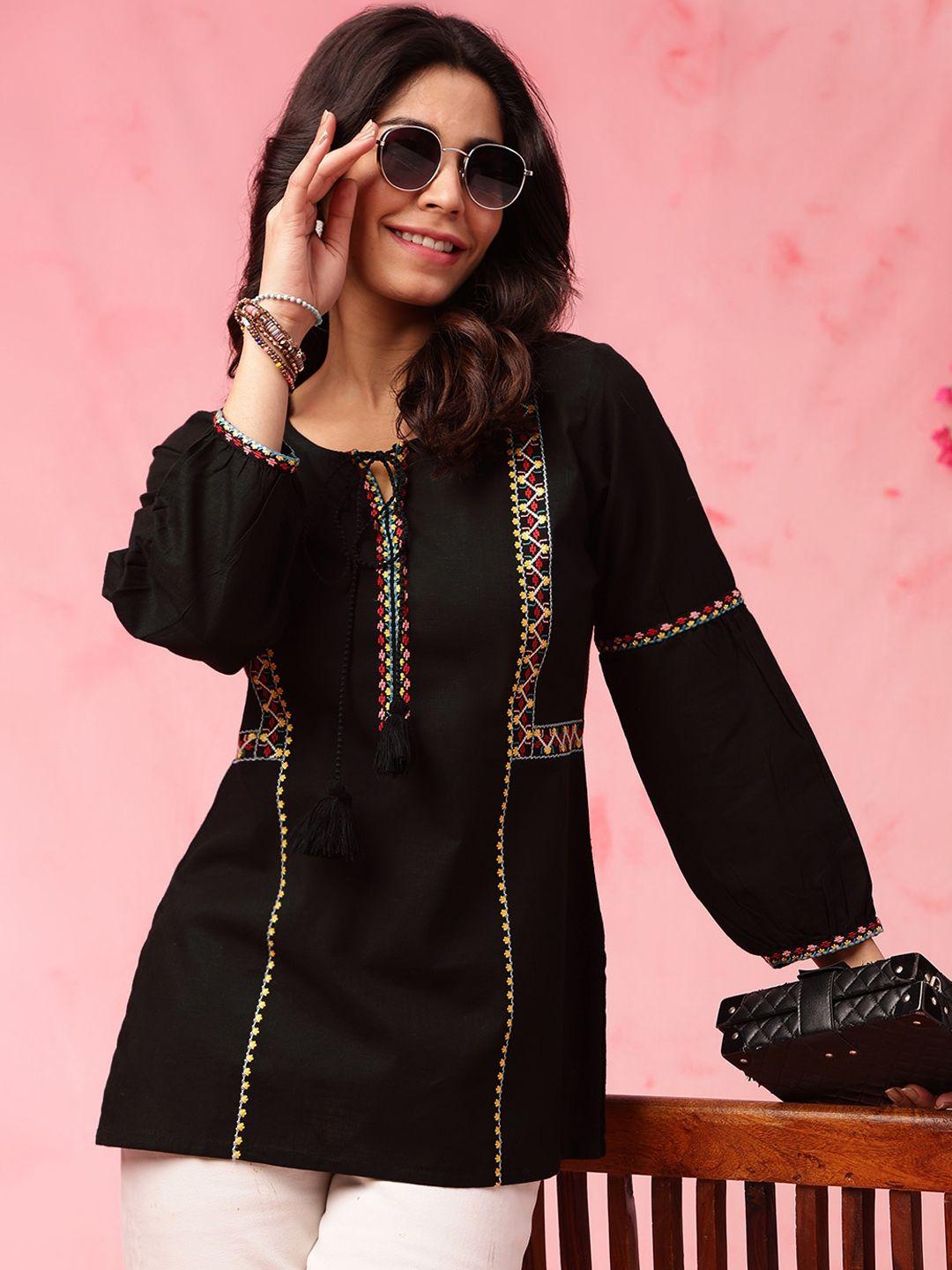 anouk black geometric embroidered tie up neck pure cotton kurti