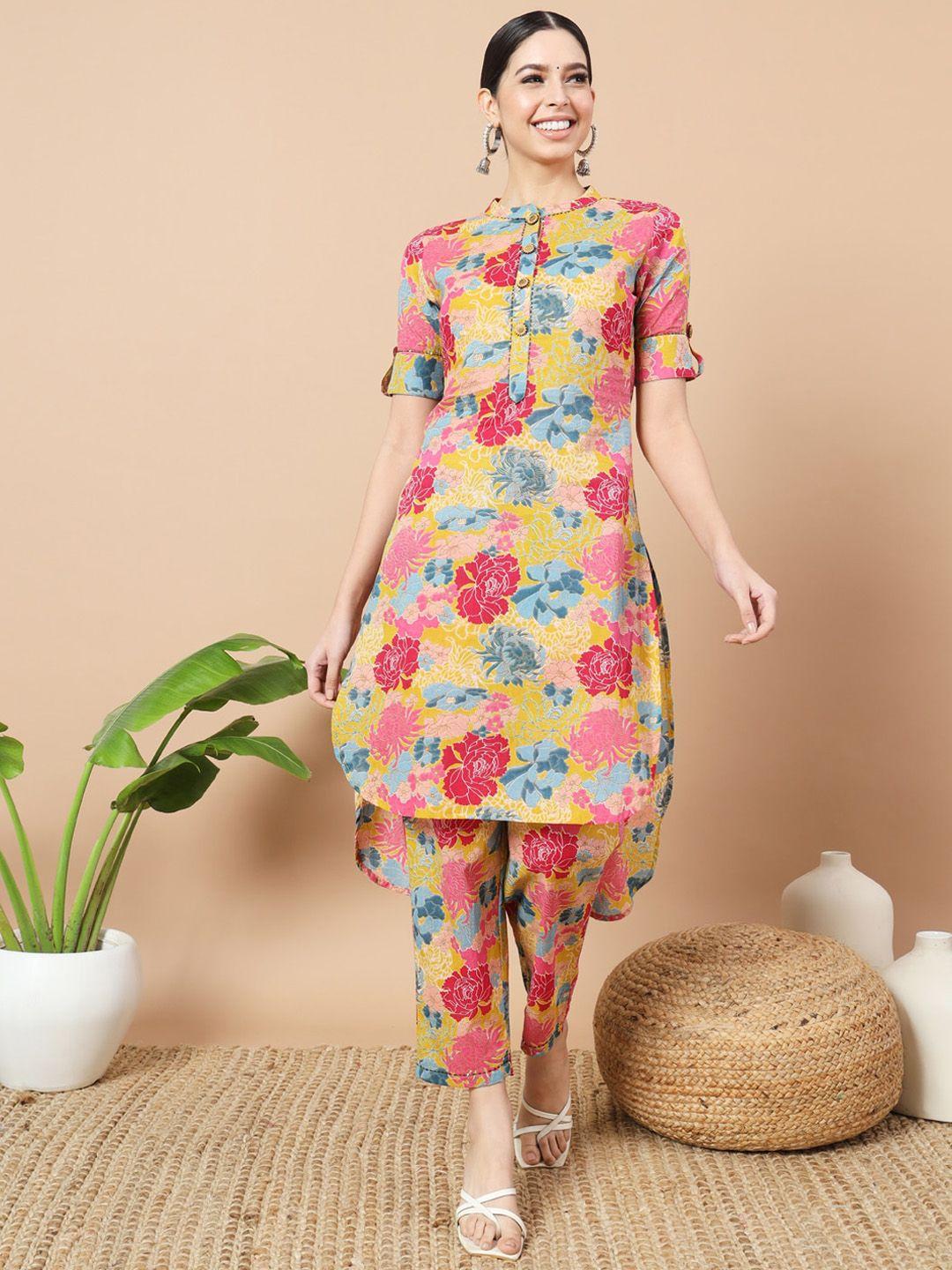 yufta floral printed mandarin collar pure cotton tunic with trouser