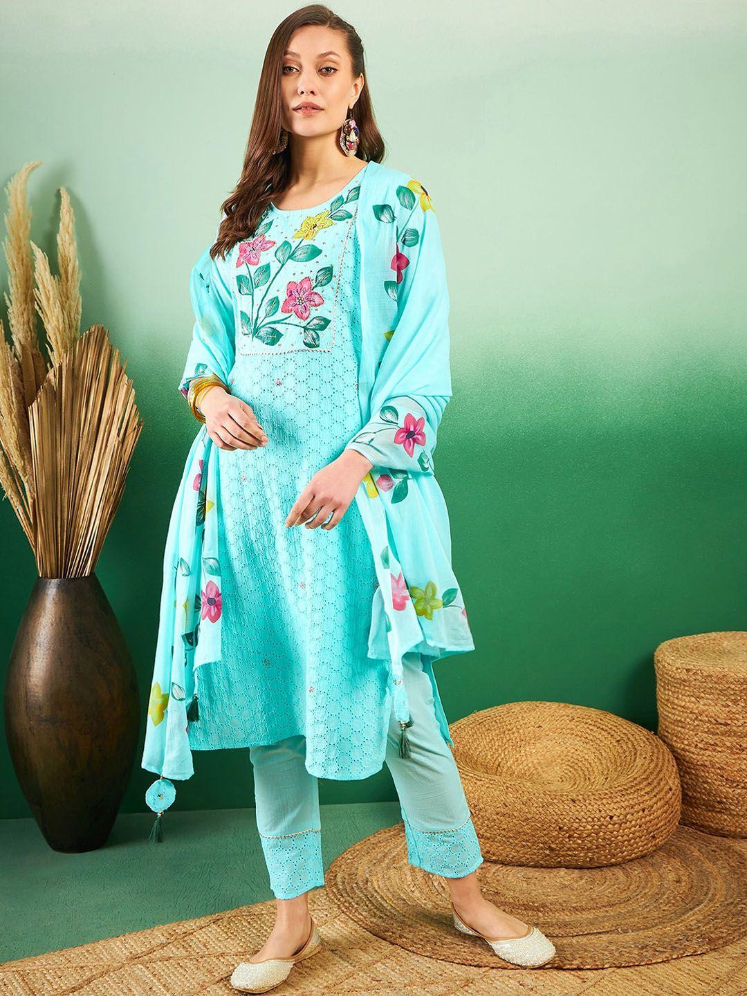 sangria floral printed schiffli straight pure cotton kurta with trousers & dupatta