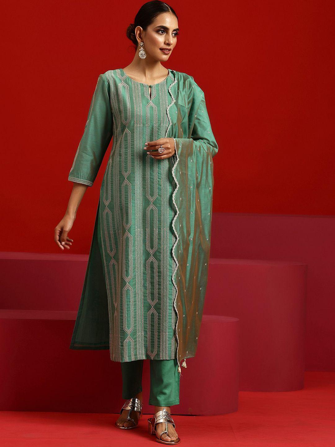 libas art geometric embroidered round neck straight kurta with trousers & dupatta