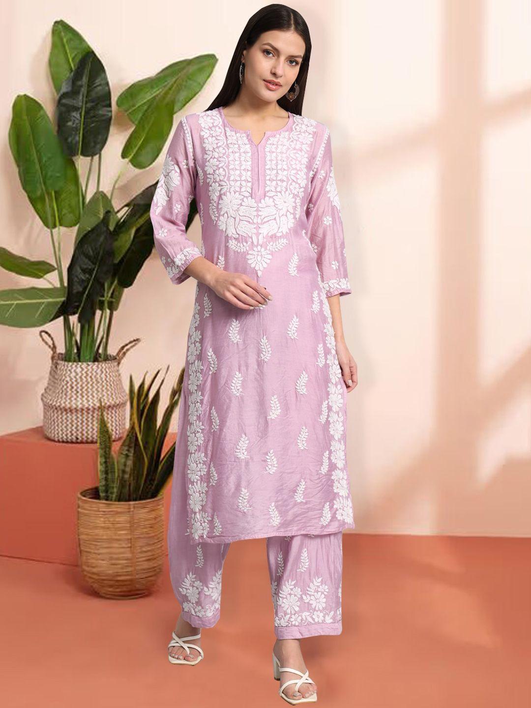 paramount chikan ethnic motifs regular chikankari chanderi cotton kurta with palazzos