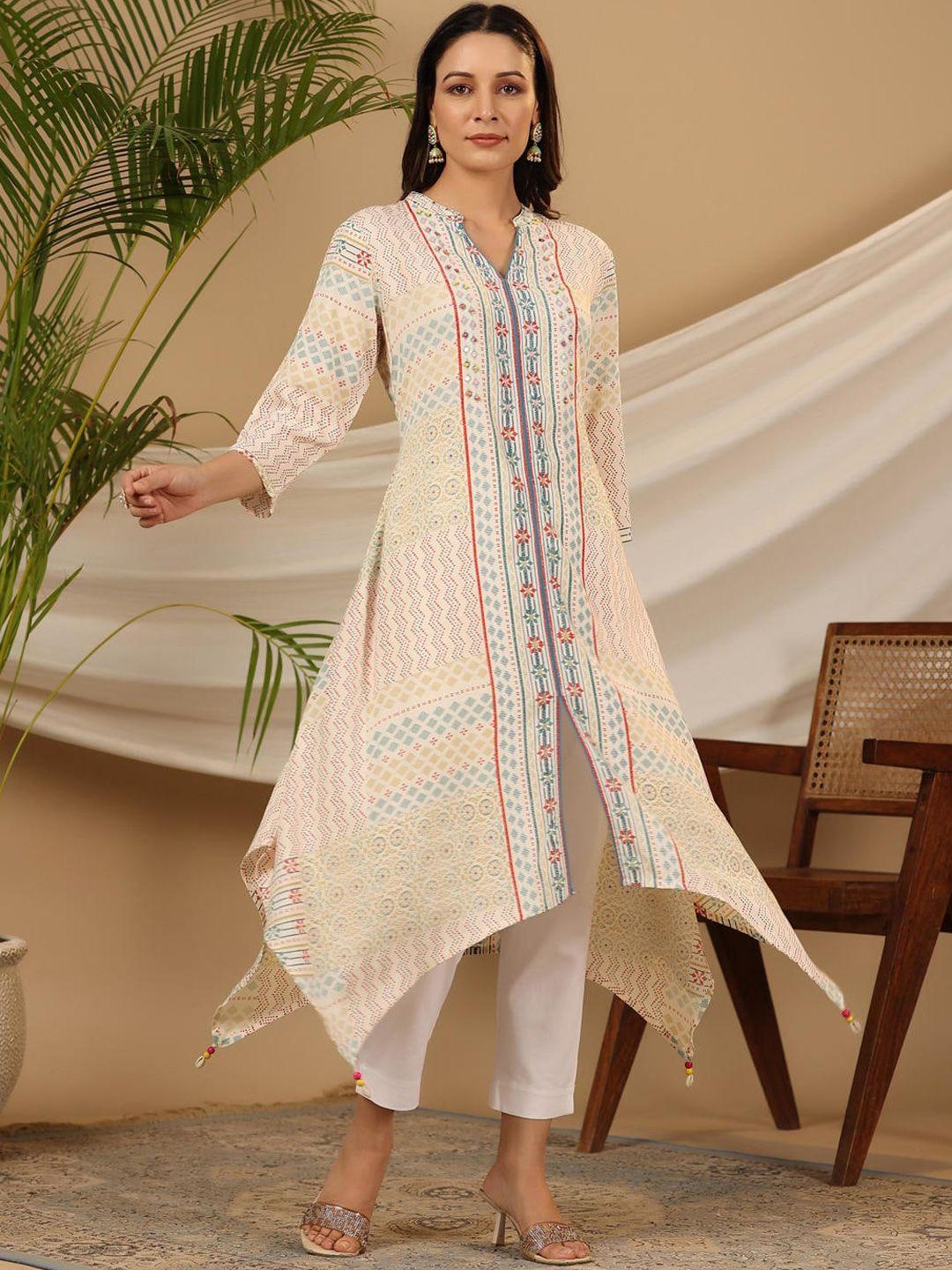 juniper striped printed mandarin collar three-quarter sleeves cotton floral kurta