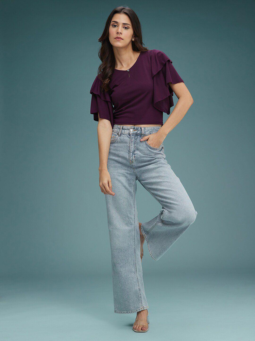 dressberry purple v-neck flutter sleeve crop top