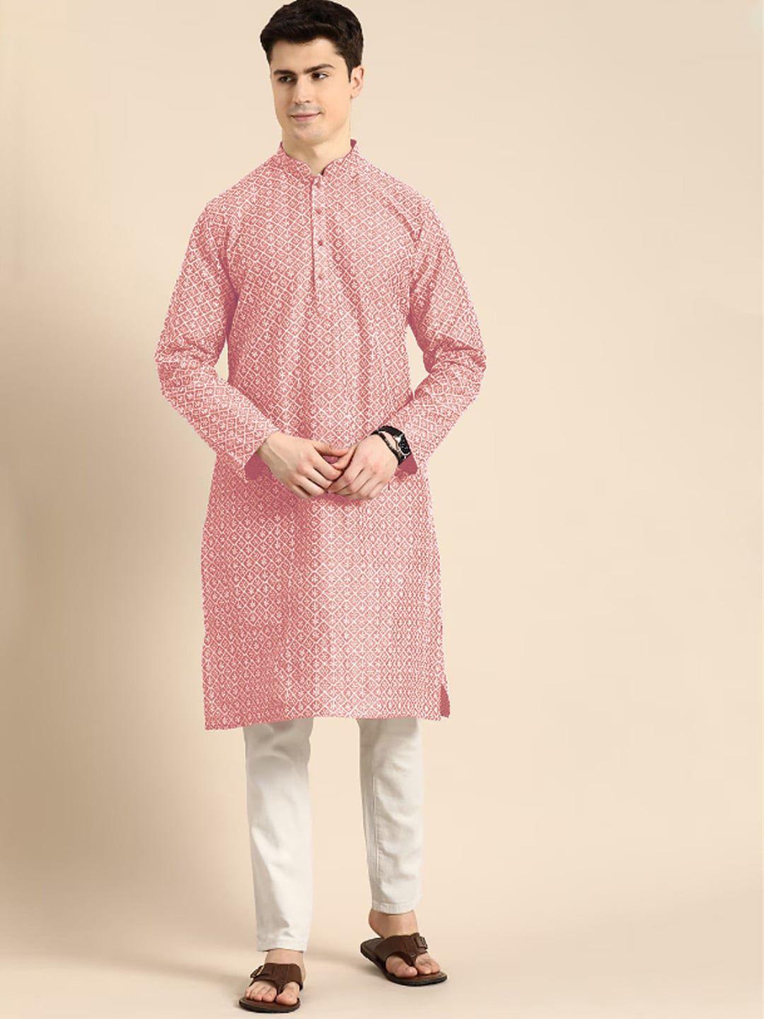 anouk peach coloured embroidered mandarin collar lucknowi chikankari cotton straight kurta