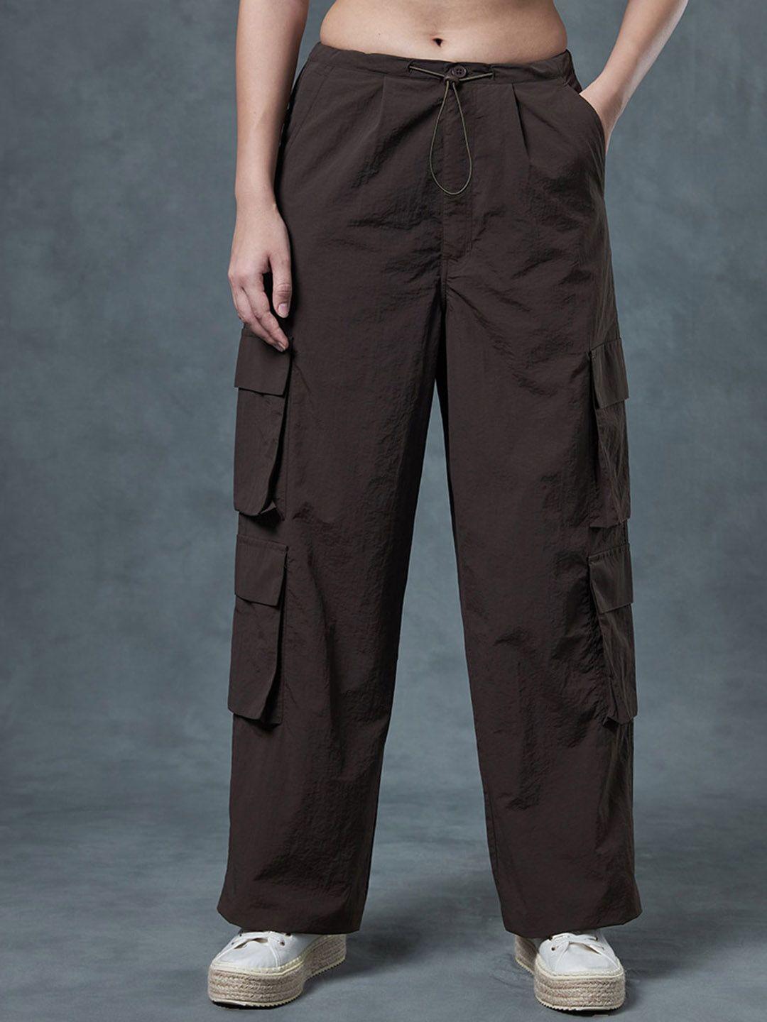 bewakoof women loose fit high-rise oversized parachute cargos trousers