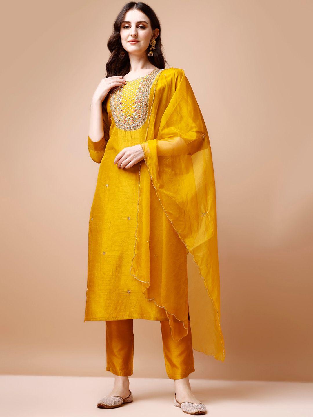 berrylicious ethnic motifs beads & stones chanderi cotton kurta with trouser & dupatta