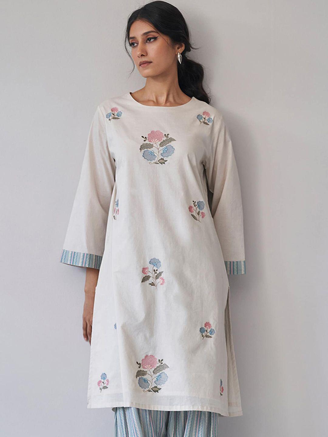 ganga floral embroidered round neck thread work pure cotton straight kurta with palazzos