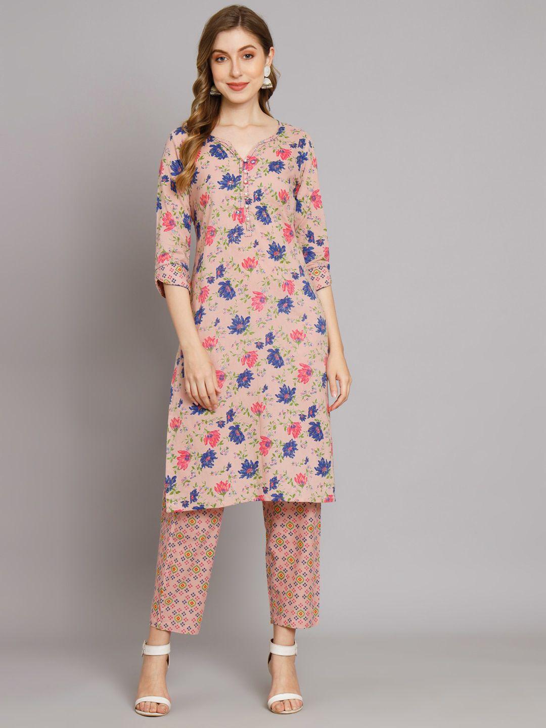 kalini floral printed v-neck three-quarter sleeves thread work straight kurta & trousers