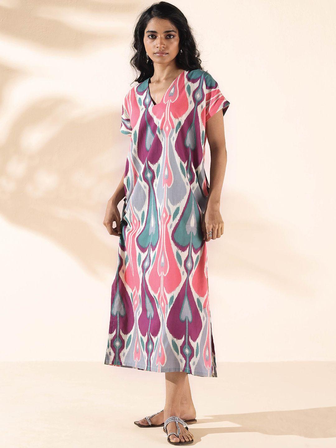 truebrowns ikat printed slit detail pure cotton a-line ethnic dress