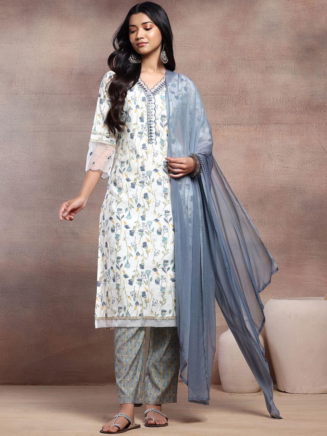 indya floral printed mirror work straight kurta with trousers & dupatta