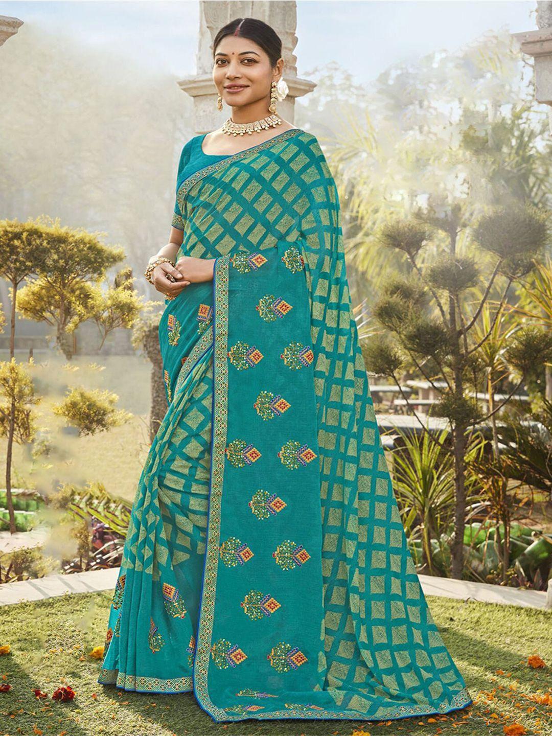 anouk checked embroidered block print saree