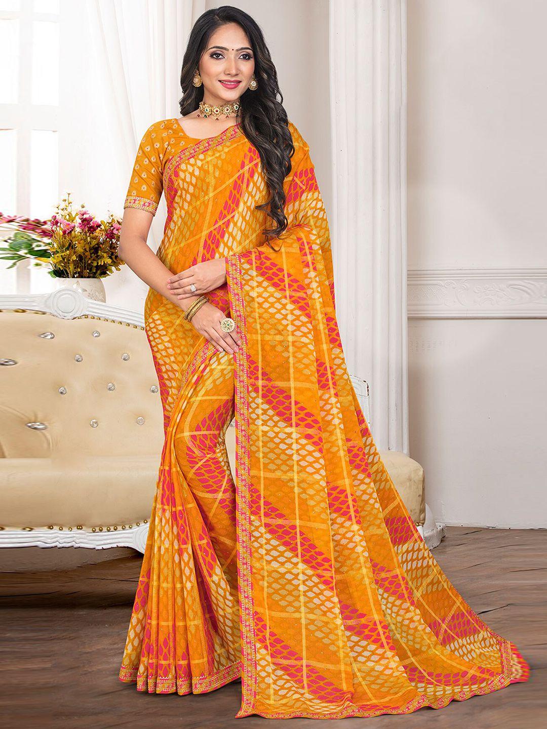 anouk checked embroidered block print saree