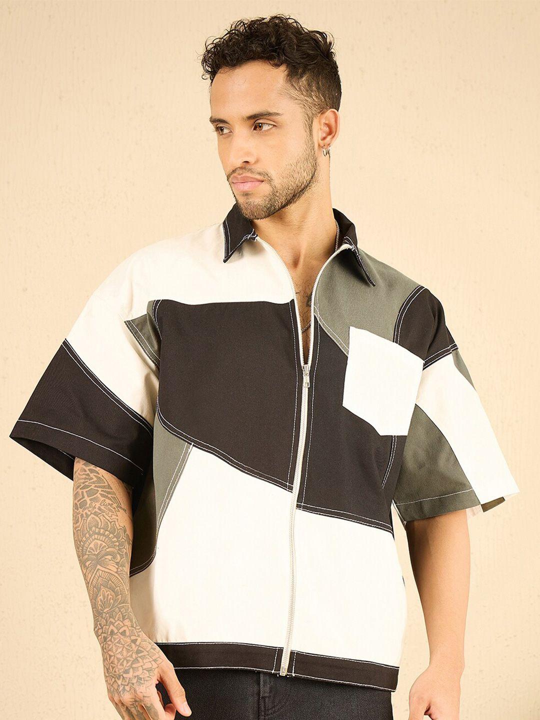 fugazee colourblocked relaxed cotton opaque cut & sew zipped  shirt