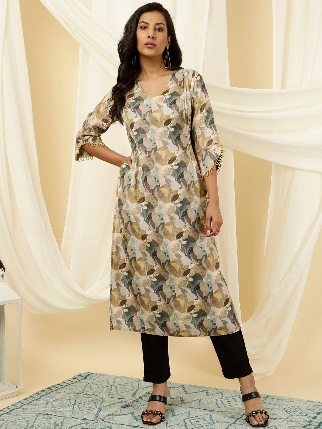 jaipur kurti floral printed v-neck flared sleeves pleated detail straight kurta