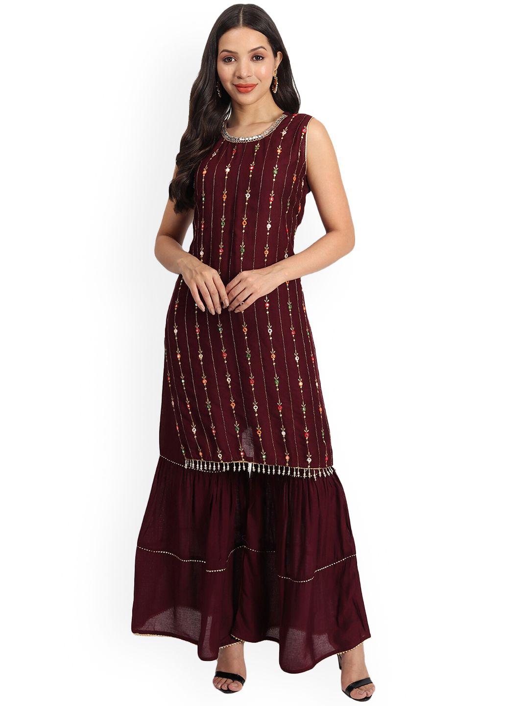 baesd round neck sleeveless mirror embroidered straight kurta with sharara & dupatta